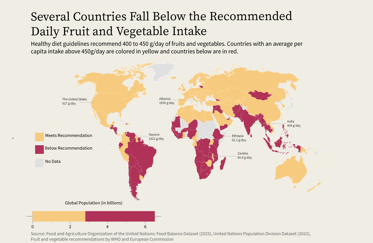 World map highlights which countries do and do not meet guidelines for food availability of recommended amount of fruit and vegetables per day. The map shows that several countries in the Global South fall below the recommendation.
